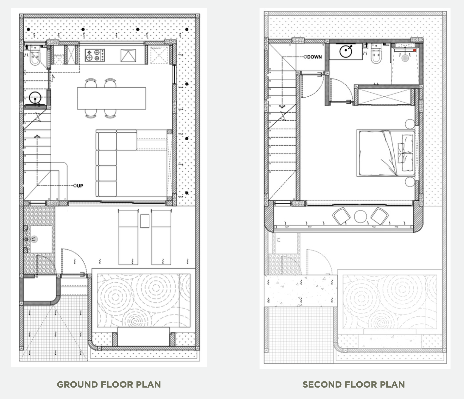 Maraluna ground floor plan with kitchen, living area and private pool, alongside second floor plan with bedroom, bathroom and balcony